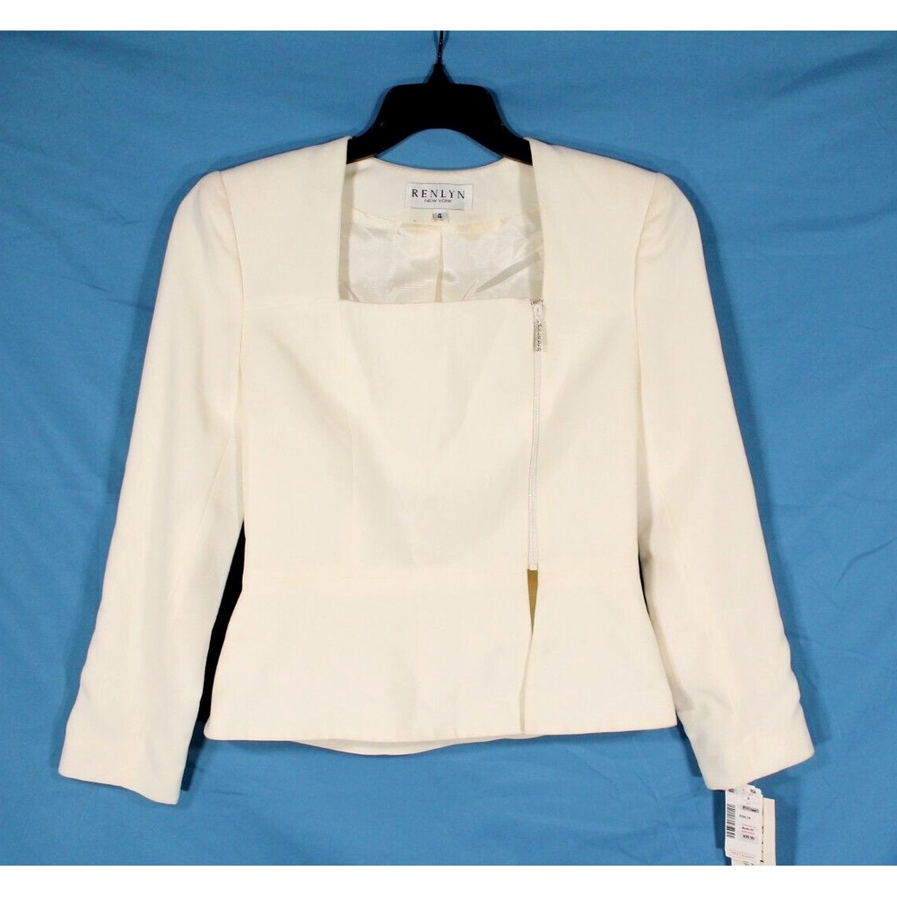 NWT RENLYN NY Lined TWILL Ivory RHINESTONE SIDE ZIPPER Suit Jacket Topper Sz 4